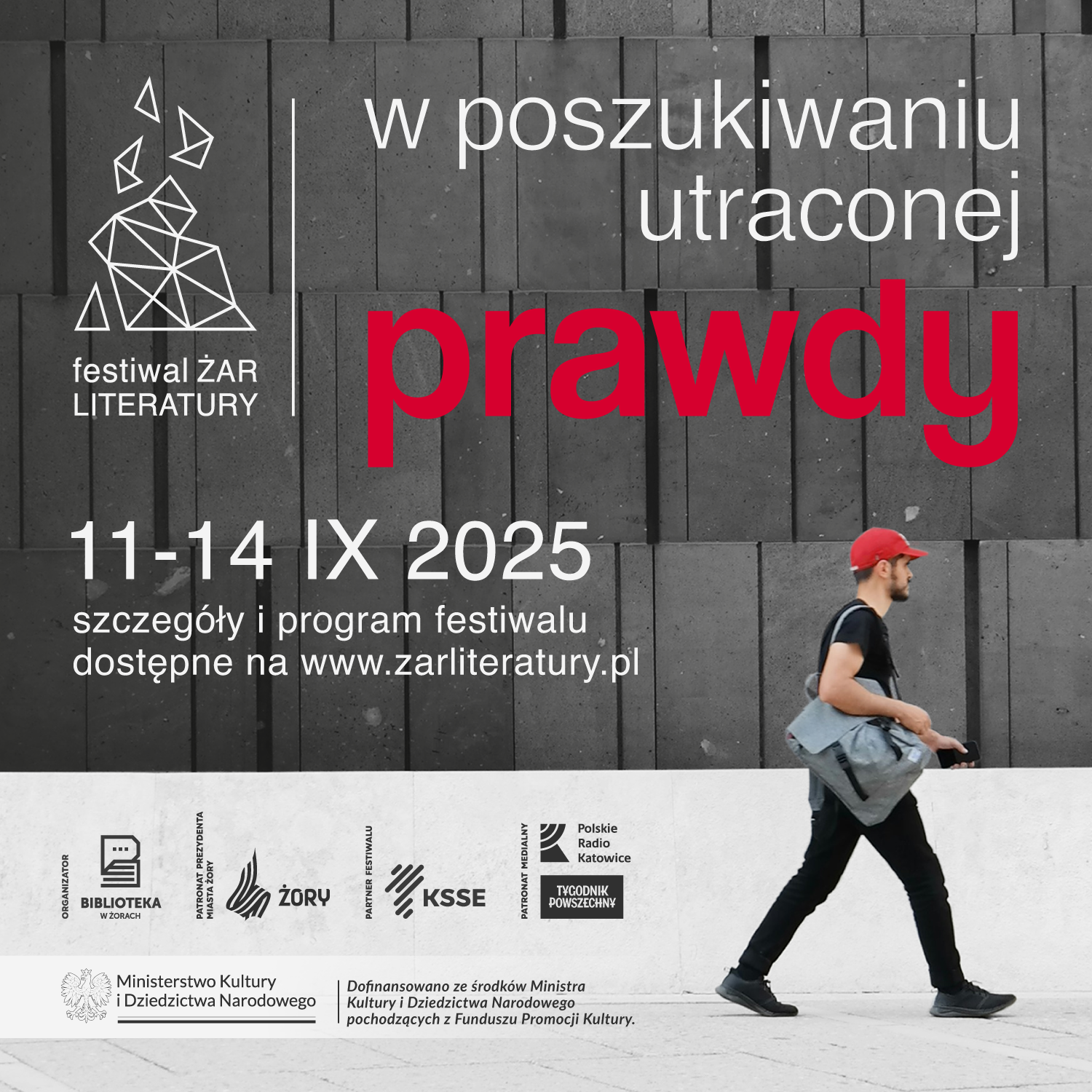 Grafika kwadratowa promująca festiwal Żar Literatury 2025.